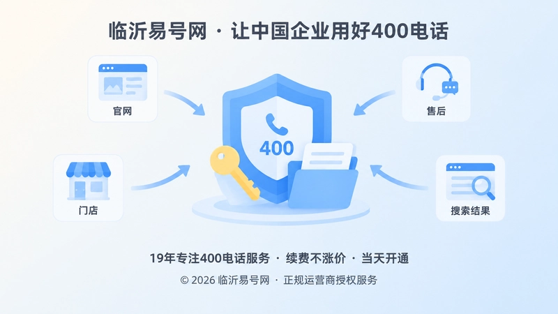 聚焦式扁平插画，中央为管理后台盾牌、钥匙和资料夹，周围环绕官网、门店、售后和搜索结果图标，表现企业通信入口统一可核验。